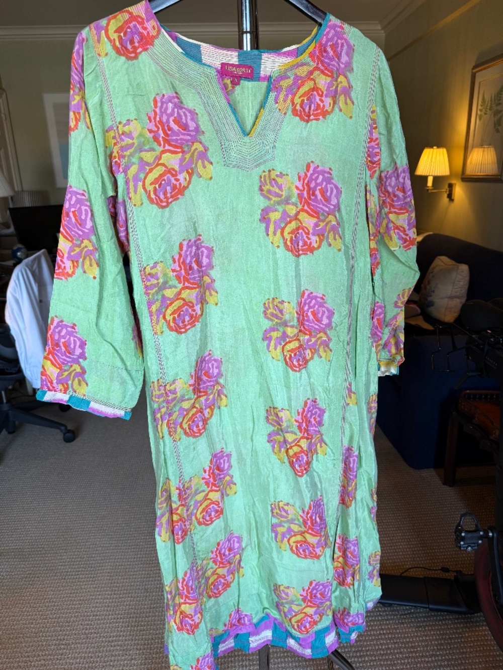 Lisa Corti Mint Green Floral Print Tunic Maxi Dress Size M